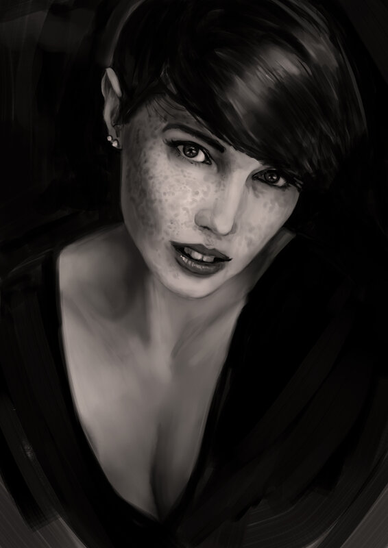 Woman with Freckles — Black, Dramatic, Digital Art, Short Hair