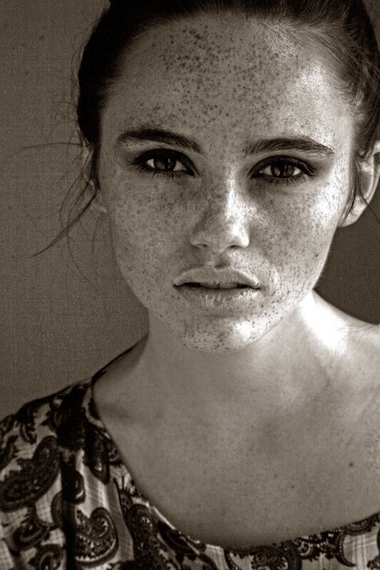 Woman with Freckles — Black, Serious, Photograph, Patterned Shirt