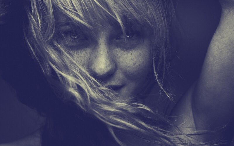 Woman with Freckles — Blue, Dramatic, Photograph, Hair