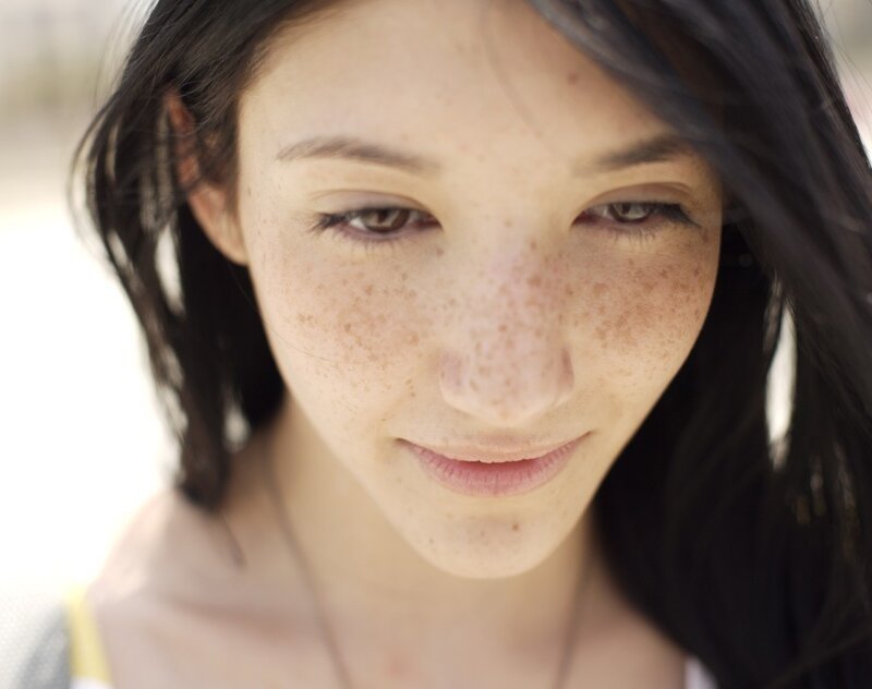 Woman with Freckles — Brown, Calm, Afternoon, Photograph, Dark Hair, Necklace