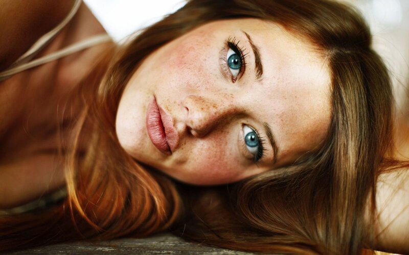 Woman with Freckles — Brown, Calm, Photograph, Blue Eyes, Brown Hair, Blue