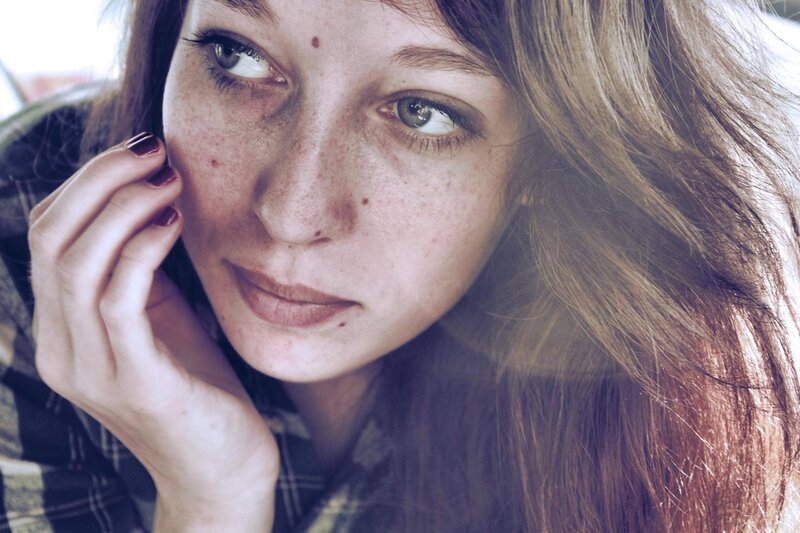 Woman with Freckles — Brown, Contemplative, Photograph, Hand, Plaid Shirt, Hair