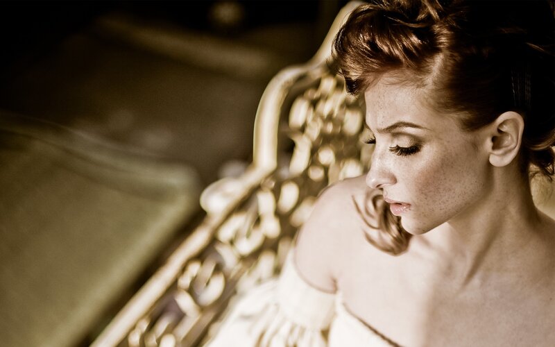 Woman with Freckles — Brown, Dramatic, Photograph, Chair