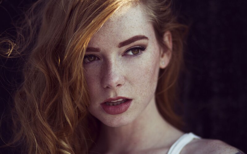 Woman with Freckles — Brown, Dramatic, Photograph, Hair, Earring