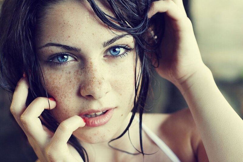 Woman with Freckles — Brown, Intense, Photograph, Blue Eyes
