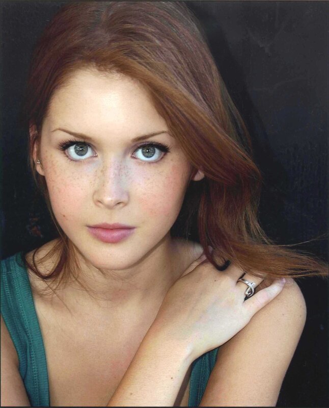 Woman with Freckles — Brown, Neutral, Photograph, Green Top