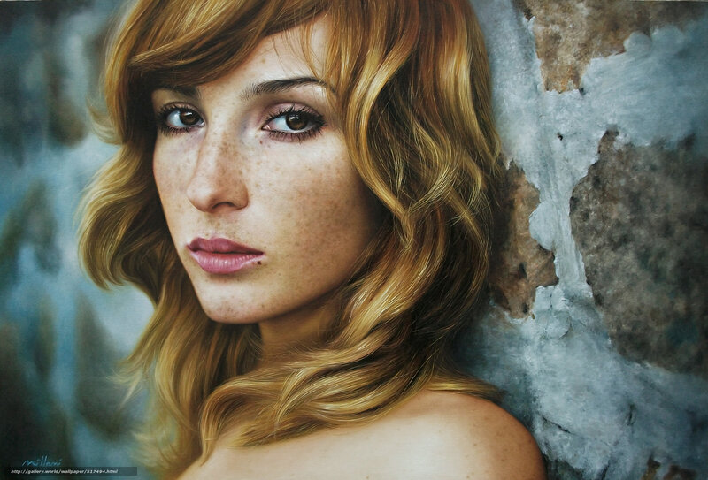 Woman with Freckles — Brown, Serious, Painting