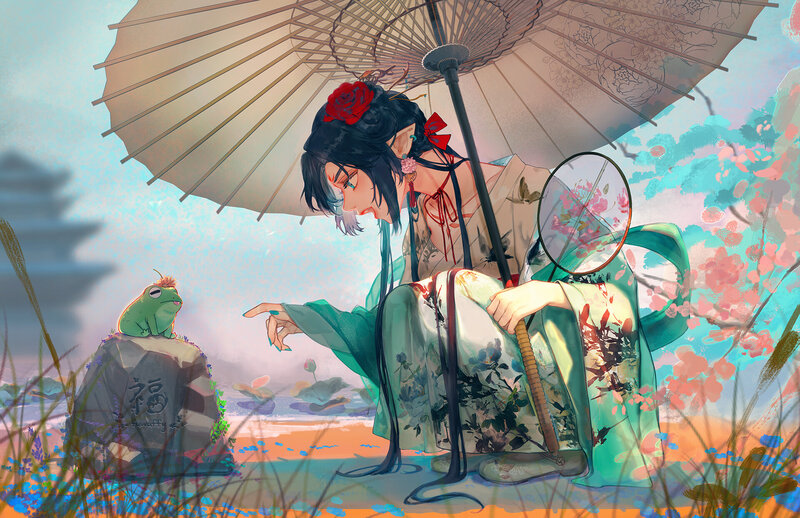 Woman with Frog under Umbrella