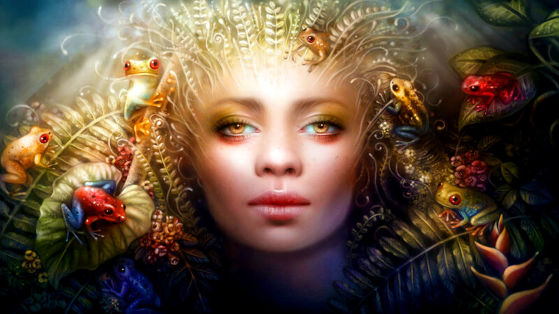 Woman with Frogs and Plants — Green