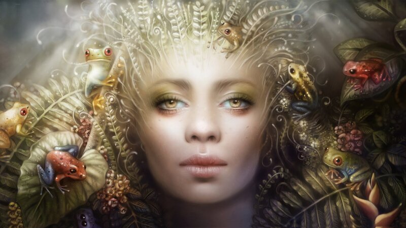 Woman with Frogs in Hair