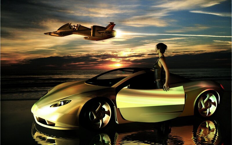 Woman with Futuristic Car — Gold