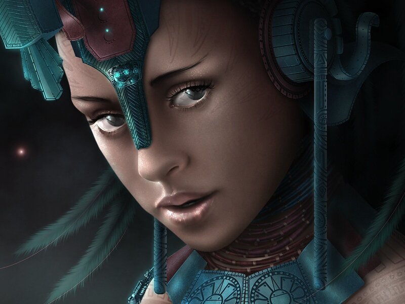 Woman with Futuristic Headgear — Blue, Dramatic