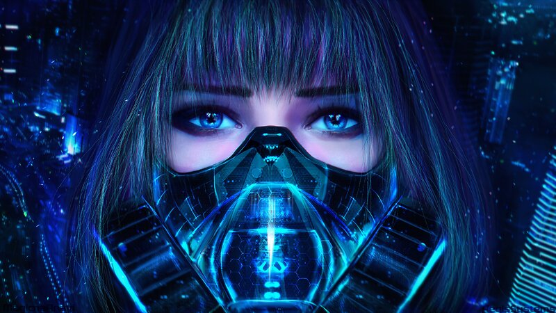 Woman with Futuristic Mask — Blue, Dramatic