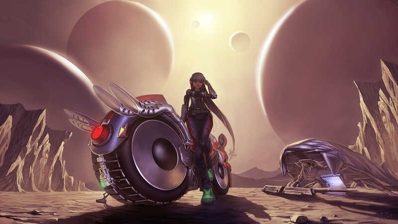 Woman with Futuristic Motorcycle — Brown