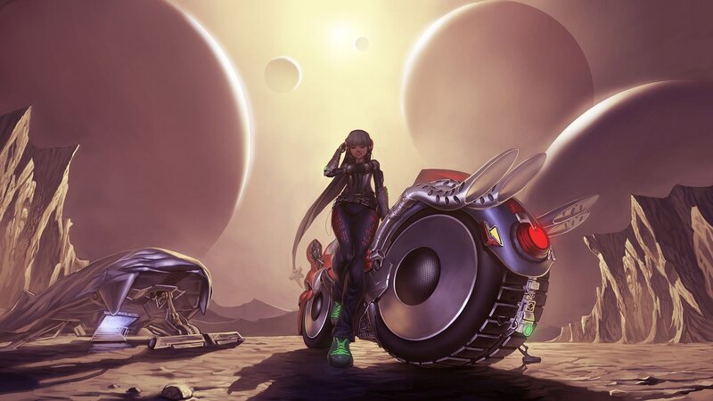 Woman with Futuristic Motorcycle — Purple, Dramatic