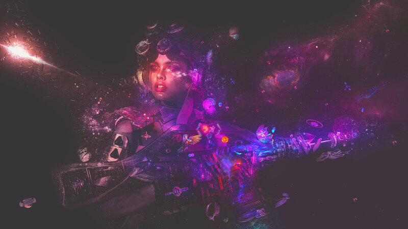 Woman with Futuristic Weapon — Purple, Dramatic
