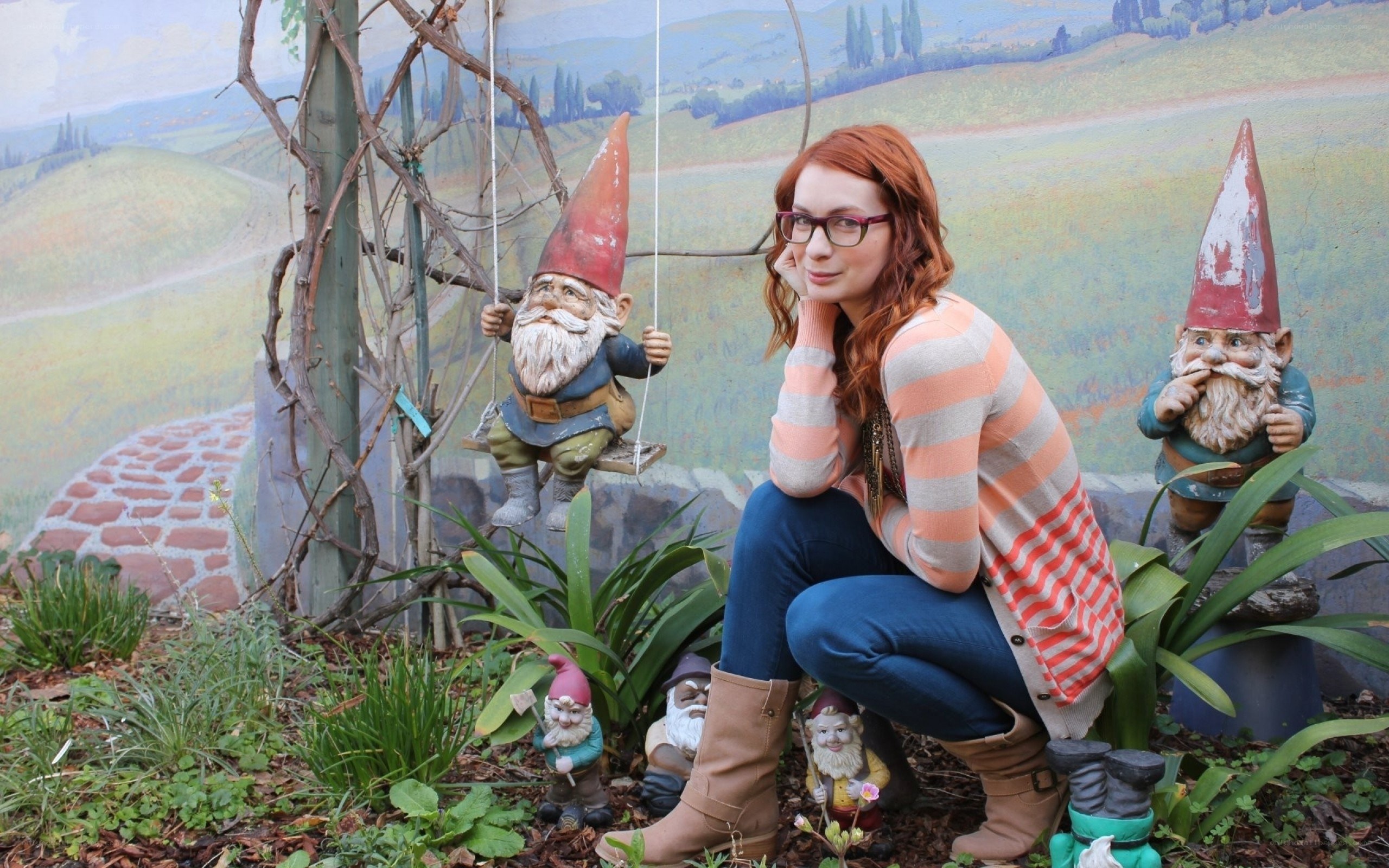 Woman with garden gnomes