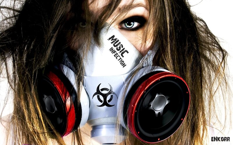 woman with gas mask and speakers