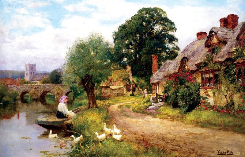 Woman with Geese by River