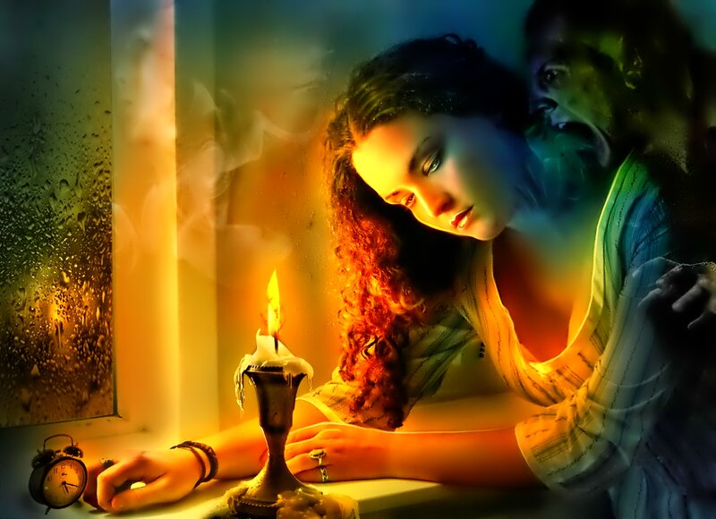 Woman with Ghostly Figure — Yellow