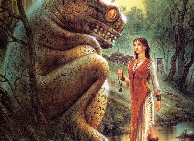 Woman with giant creature in forest