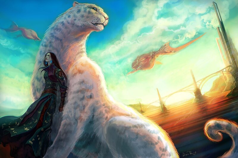 woman with giant snow leopard