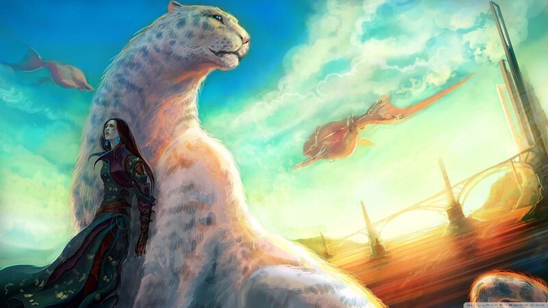 woman with giant snow leopard