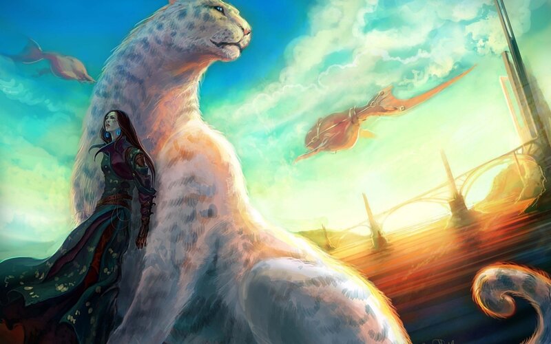 Woman with Giant Snow Leopard — Blue