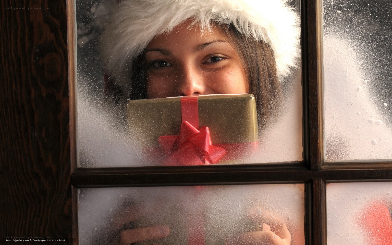 woman with gift at window