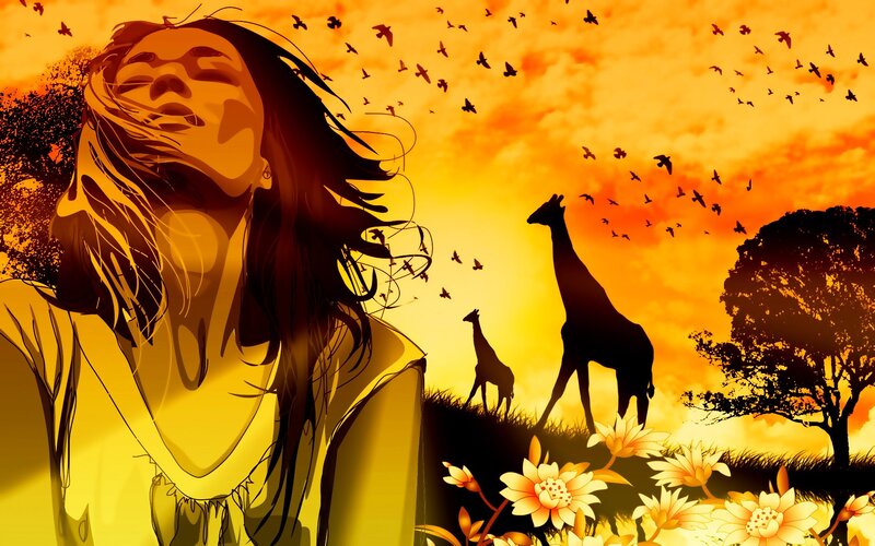woman with giraffes at sunset