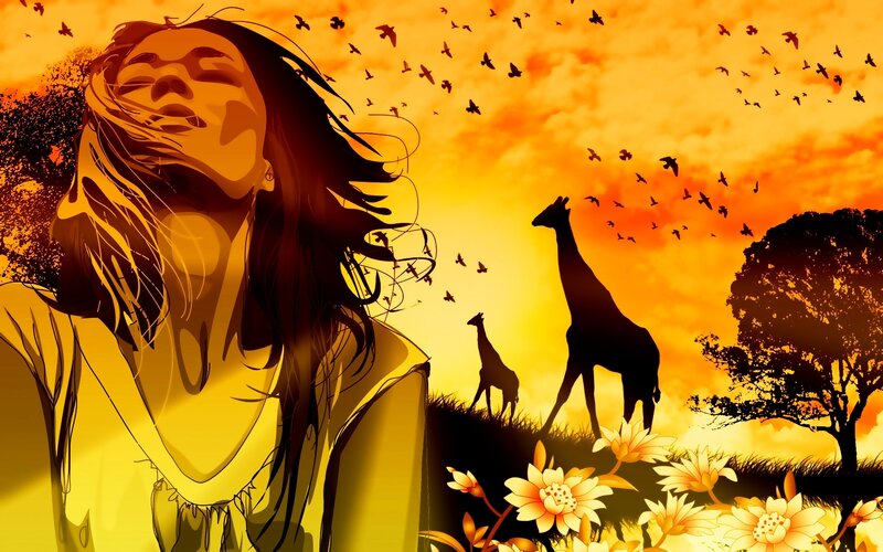 woman with giraffes at sunset