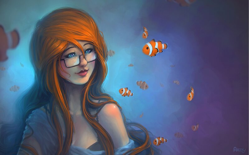 woman with glasses and clownfish