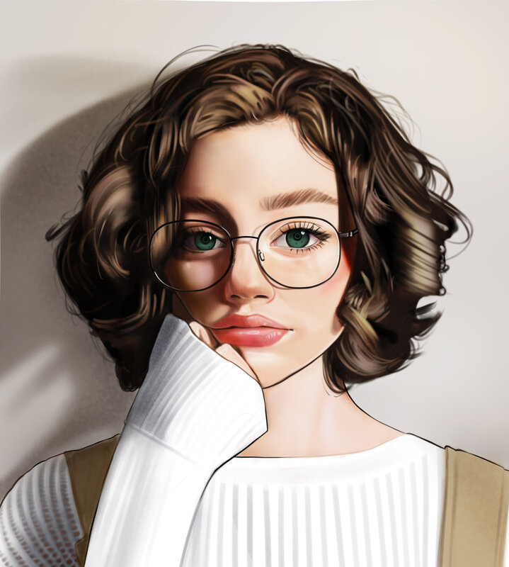Woman with Glasses — White, Calm, Digital Art, White Sweater