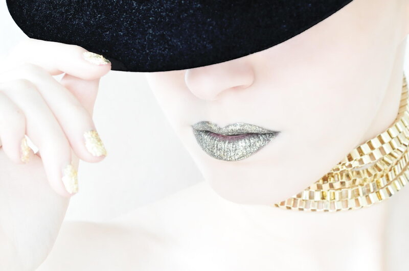 Woman with Glitter Makeup — Black, Dramatic, Photograph, Hat