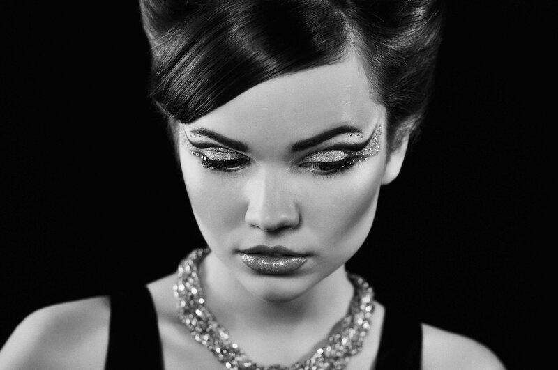 Woman with Glitter Makeup — Black, Dramatic, Photograph