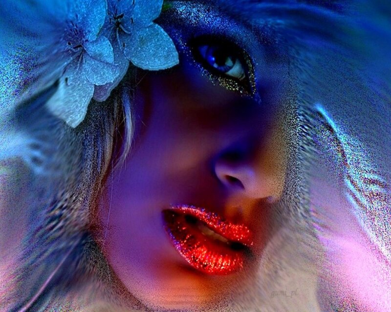 Woman with Glitter Makeup — Blue, Dramatic, Digital Art, Flower
