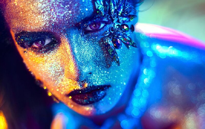 Woman with Glitter Makeup — Blue, Dramatic, Night
