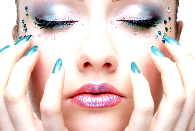 Woman with Glitter Makeup — Blue, Dramatic, Photograph