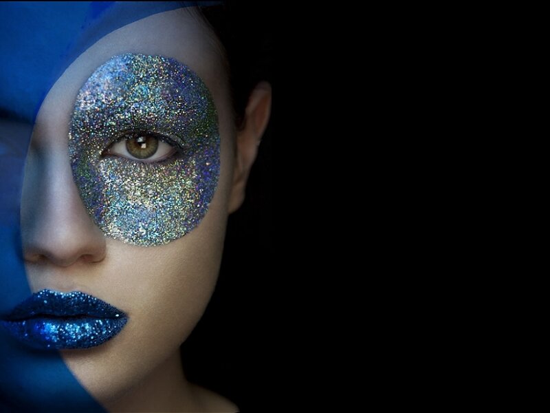Woman with Glitter Makeup — Blue, Dramatic