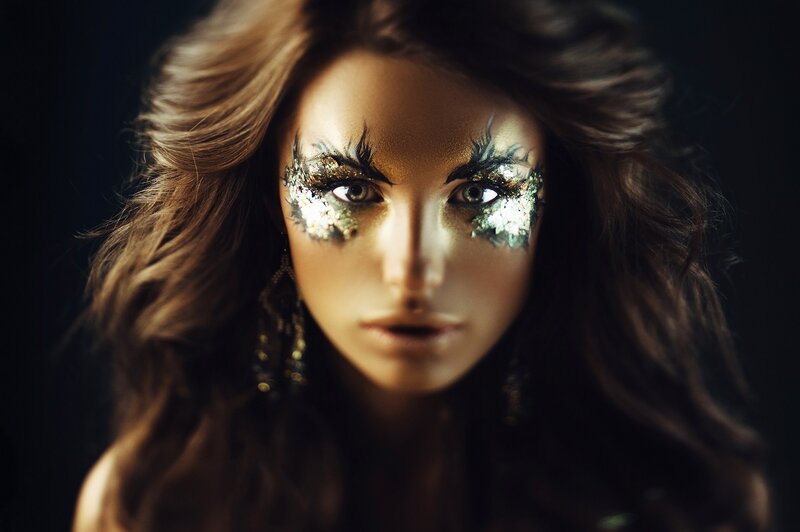 Woman with Glitter Makeup — Brown, Dramatic, Photograph