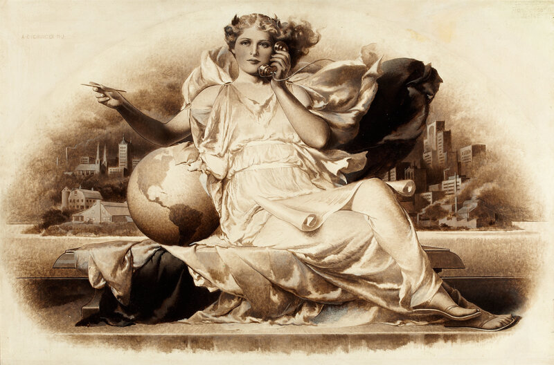 Woman with globe and telephone