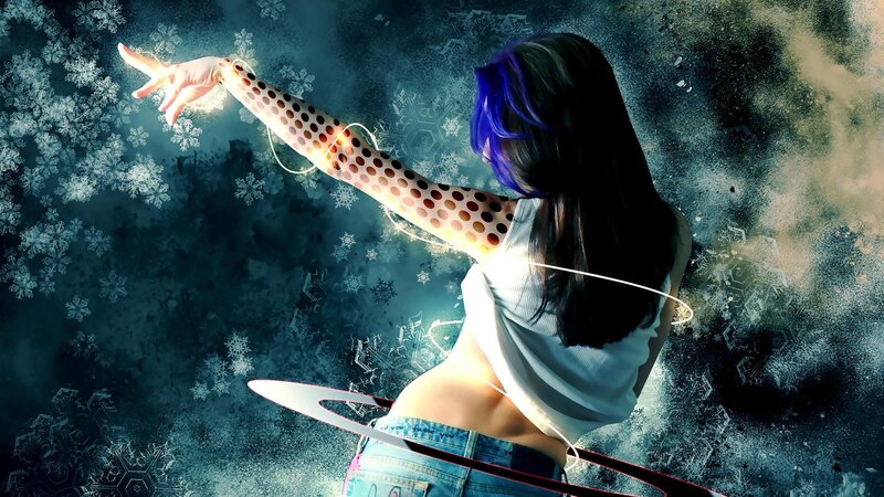 woman with glowing arm and snowflakes