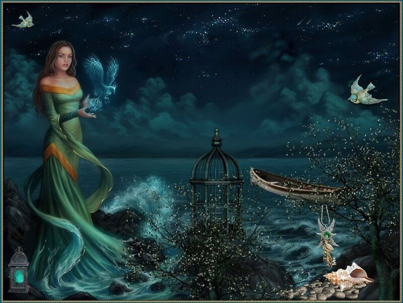 Woman with Glowing Bird — Green, Mystical