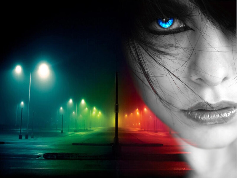 woman with glowing blue eyes