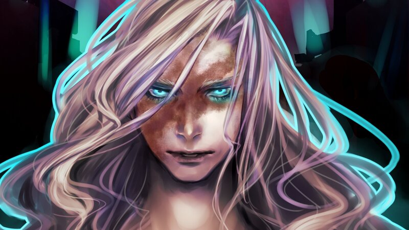 woman with glowing blue eyes