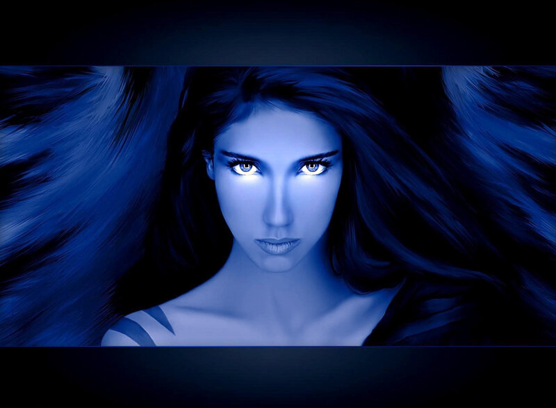 woman with glowing blue eyes