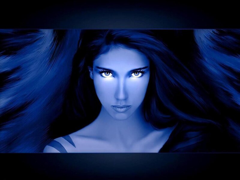 woman with glowing blue eyes