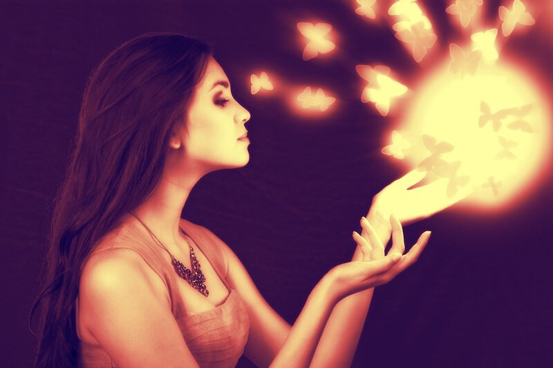 Woman with Glowing Butterflies — Purple