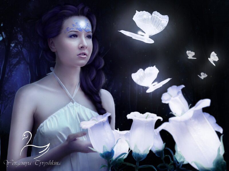 Woman with Glowing Butterflies — White