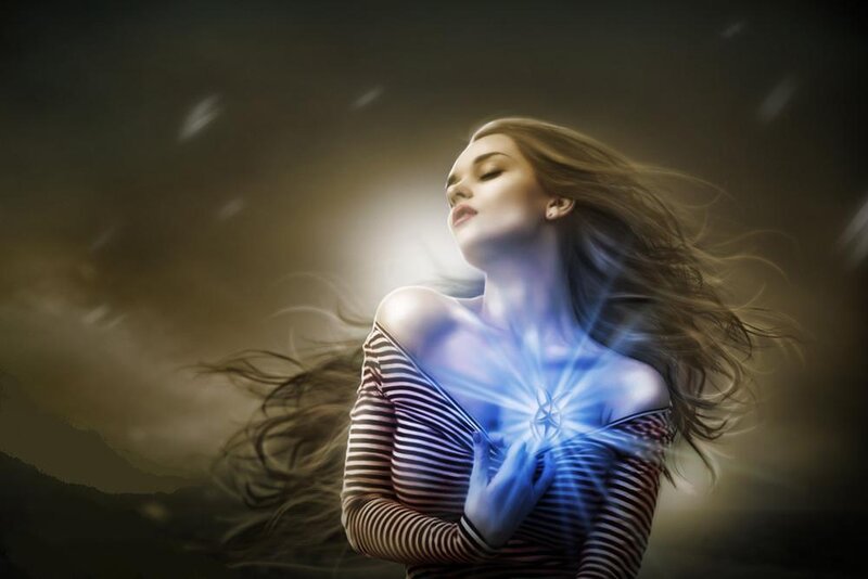 Woman with Glowing Chest — Blue